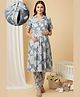Dummy Shape Cotton Blend Woven Half Sleeves Floral Printed Maternity Kurti With Side Zipper Nursing Access With Pant Set - Blue
