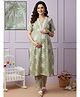 Dummy Shape Cotton Blend Woven Half Sleeves Floral Printed Maternity Kurti & Pant Set With Side Zipper Nursing Access - Olive