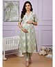 Dummy Shape Cotton Blend Woven Half Sleeves Floral Printed Maternity Kurti & Pant Set With Side Zipper Nursing Access - Olive