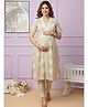 Dummy Shape Cotton Blend Woven Half Sleeves Floral Printed Maternity Kurti & Pant Set With Side Zipper Nursing Access - Beige