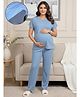True Shape Cotton Rib Knit Half Sleeves Solid Stretchable Maternity Top & Pant Night Suit  - Dusty Blue