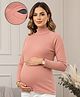 True Shape Cotton Rib Knit Full Sleeves Solid Stretchable Tunic Top With Zipless Nursing Access - Peach