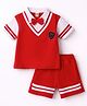 ToffyHouse Interlock Knit Half Sleeves Polo T-Shirt & Shorts Set with Bow & Patch Detailing - Red