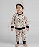 Creative Kids Organic Cotton Full Sleeves Animal Printed Winter Sweatshirt & Jogger Set With Cap - White & Black