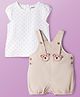Babyoye Cotton Twill Woven Dungaree & Half Sleeves Inner Tee With Teddy Bear Applique & Polka Dot Print - White & Beige