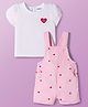 Babyoye Cotton Twill Woven Half Sleeves Tee & Dungaree Set with Heart Embroidery - Pink & White