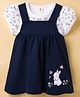 ToffyHouse Interlock Knit Half Sleeves Floral Printed T-Shirt & Bunny Embroidered Frock - Navy Blue & Off White