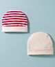 Bubble Pop Single Jersey Knit Striped & Solid Baby Caps Pack Of 2 Red & Beige - Diameter 9 cm