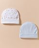 Bubble Pop Single Jersey Knit Geometrical Shapes Printed & Solid Baby Caps Pack of 2 White & Light Blue - Diameter 10 cm