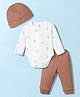 I Bears Interlock Knit Full Sleeves Printed Onesie With Leggings & Cap - Off White & Brown