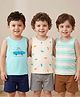 Babyoye Cotton Lycra Knit Sleeveless Striped & Car Printed Vest Pack of 3 - Light Blue & White
