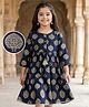EARTHY TOUCH Cotton Knit Three Fourth Sleeves Ethnic Dress with Motif Glitter Print - Navy Blue