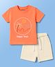 Babyoye 100% Cotton Knit Yarn Dyed Beach Theme Embroidered T-Shirt & Shorts Set - Orange