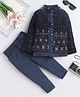 Fourfolds Velvet Woven Full Sleeves Floral Embroidered Sequins Embellished Sherwani With Trousers Set - Navy Blue