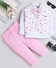 Fourfolds Cotton Blend Woven Full Sleeves Geometric Printed 3 Piece Suit Set With Bow - Pink