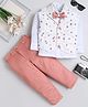 Fourfolds Cotton Blend Woven Full Sleeves Geometric Printed 3 Piece Suit Set With Bow - Coral