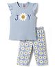 Babyhug Cotton Knit Frill Sleeves Floral Printed T-Shirt & Capri Night Suit - Light Blue