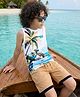 OLLINGTON ST. Cotton Knit Printed Sleeveless T- Shirt & Knit Shorts Set - White & Beige