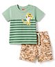 Babyhug Single Jersey Knit Half Sleeves Striped T-Shirt With Lion Patch & Military Cargo Shorts Set - Green & Beige