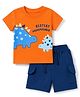 Babyhug Single Jersey Knit Half Sleeves  Shoulder Snap Buttons T-Shirt & Shorts Set With Dino & Bestes Mummasaur Print - Orange & Navy Blue