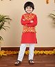 BownBee Cotton Blend Woven Full Sleeves Solid Kurta & Pyjama With Elephant Printed Jacket Set - Red