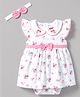 Babyhug 100% Cotton Knit Sleeveless Floral Printed Frock Style Onesie With Headband - White & Pink