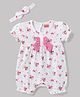Babyhug 100% Cotton Knit Half Sleeves Floral Printed Romper With Bow Applique & Headband - White