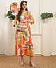 COLOR STUDIO Cotton Woven Three Fourth Sleeves Abstract Printed Maternity Dress With Side Zippers Nursing Access - Mustard