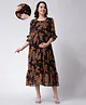 COLOR STUDIO Georgette Woven Three Fourth Bell Sleeves Leaves Printed Maternity  Dress With Side Zippers Nursing Access - Navy Blue