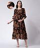 COLOR STUDIO Georgette Woven Three Fourth Bell Sleeves Leaves Printed Maternity  Dress With Side Zippers Nursing Access - Navy Blue