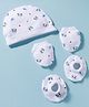 Rupa Peek A Boo Single Jersey Knit Panda & Blue Tree Leaves Printed Cap Mittens & Booties Set White - Diameter 12.5 cm