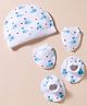 Rupa Peek Single Jersey Knit Sea Life Printed Cap Mittens & Booties Set White & Blue - Diameter 12.5 cm