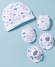 Rupa Peek A Boo Single Jersey Knit Unisex Cap, Mitten & Booties Set With Blue Space Print White - Diameter 12.5 cm