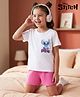 Honeyhap Disney Single Jersey Knit Half Sleeves T-Shirt &  Short Night Suit Set with Front & Back Stitch Graphic- White & Pink