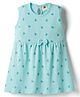 Zero Sinker Knit Sleeveless Frock With Teddy Bear Print & Bow Applique - Sea Green