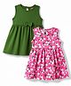 Babyhug 100% Cotton Knit Sleeveless Solid & Floral Printed Frocks With Bow Applique Pack Of 2 - Green & Dark Pink