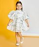 Peppermint Jacquard Knit Half Puffed Sleeves Abstract Printed Dress - White