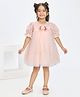 Peppermint Net Knit Half Puffed Sleeves Floral Embroidered & Applique Detailed Dress - Peach