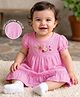 Babyoye 100% Cotton Muslin Woven Half Puffed Sleeves Frock with Bloomer & Floral Embroidery - Pink