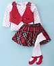ToffyHouse Twill Knit Full Sleeves Heart Printed Top & Checkered Skirt Set with Jacket & Stocking - Red