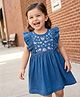Babyhug Denim Woven Antibacterial Sleeveless Floral Embroidered Frock with Frill Detailing - Blue