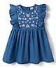 Babyhug Denim Woven Antibacterial Sleeveless Floral Embroidered Frock with Frill Detailing - Blue