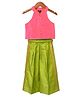 Twisha Woven Chanderi Woven Sleeveless Solid Halter Neck Top With Palazzo Set - Coral & Lime Green