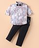 Rikidoos Cotton Woven Full Sleeves Floral Printed Party Shirt & Trouser Set With Bow & Suspender - Light & Navy Blue
