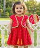 EARTHY TOUCH 100% Cotton Knit Cap Sleeves Floral Printed Dress - Red