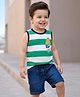 Babyhug Single Jersey Knit Sleeveless T-Shirt & Denim Shorts Set with Patch Detailing & Stripes - Blue & Green