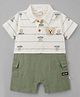 WOW Clothes Sinker Knit Half Sleeves Bear Printed Romper With Applique - Green