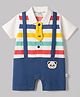 WOW Clothes 100% Cotton Knit Half Sleeves Striped Romper With Bear Patch & Tie - Navy Blue