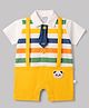 WOW Clothes 100% Cotton Knit Half Sleeves Striped Romper With Bear Patch & Tie - Yellow