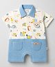 WOW Clothes Sinker Knit Half Sleeves Romper with Bear Print & Patch - Blue